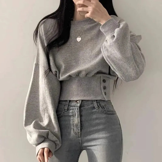 Autumn Crew Neck Button Long Sleeve Short Pullover Sweatshirt Top For Women