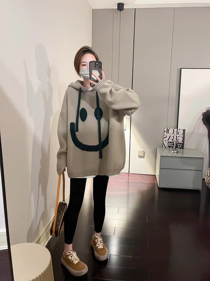 Soft Glutinous Beige Smiley Face Hooded Sweater Women's Autumn And Winter New Lazy