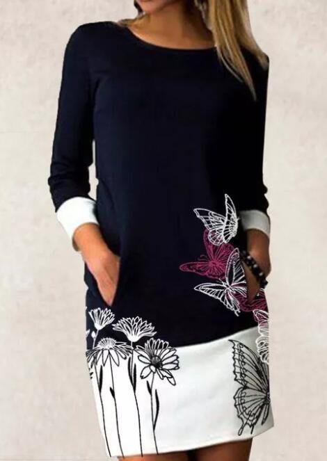 Round Neck Pocket Long Sleeve Stitching Printing Dress