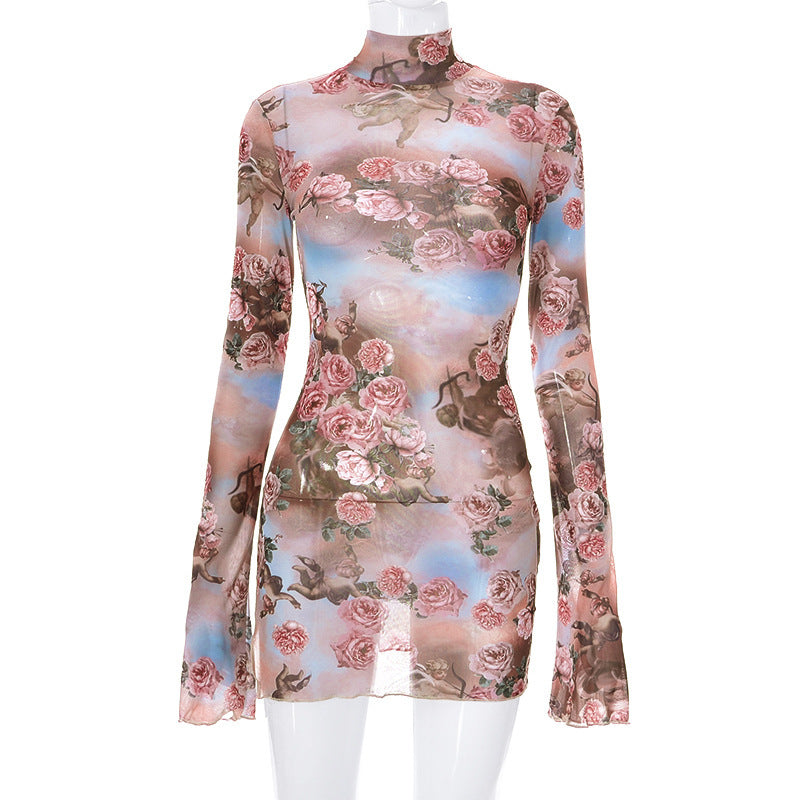 Round Collar Gauze See-through Printed Long Sleeve Dress