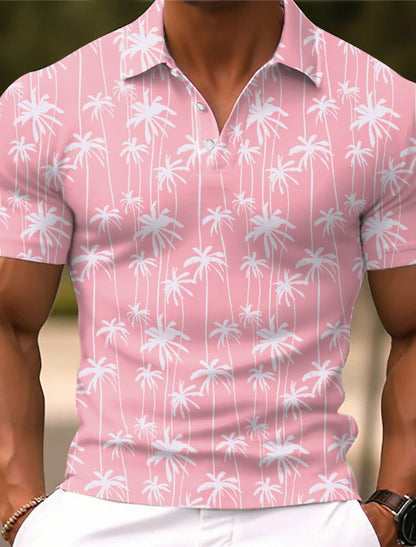 Men's Fashion Personality Coconut Tree Graphic Printing Lapel Short Sleeve