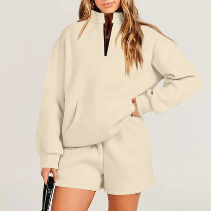 Women's Fashion Solid Color Stand Collar Half Zip Pullover Long Sleeve Sweater Shorts Suit