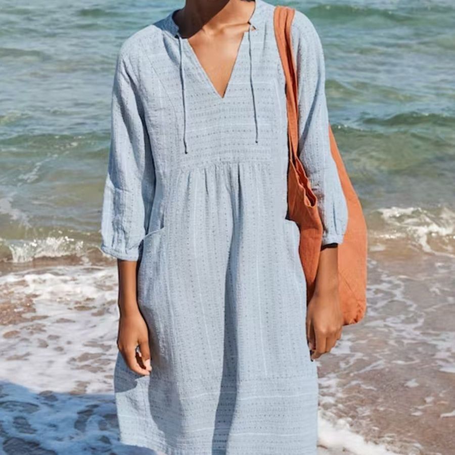 Cotton Linen Jacquard V-neck Loose Pockets Dress