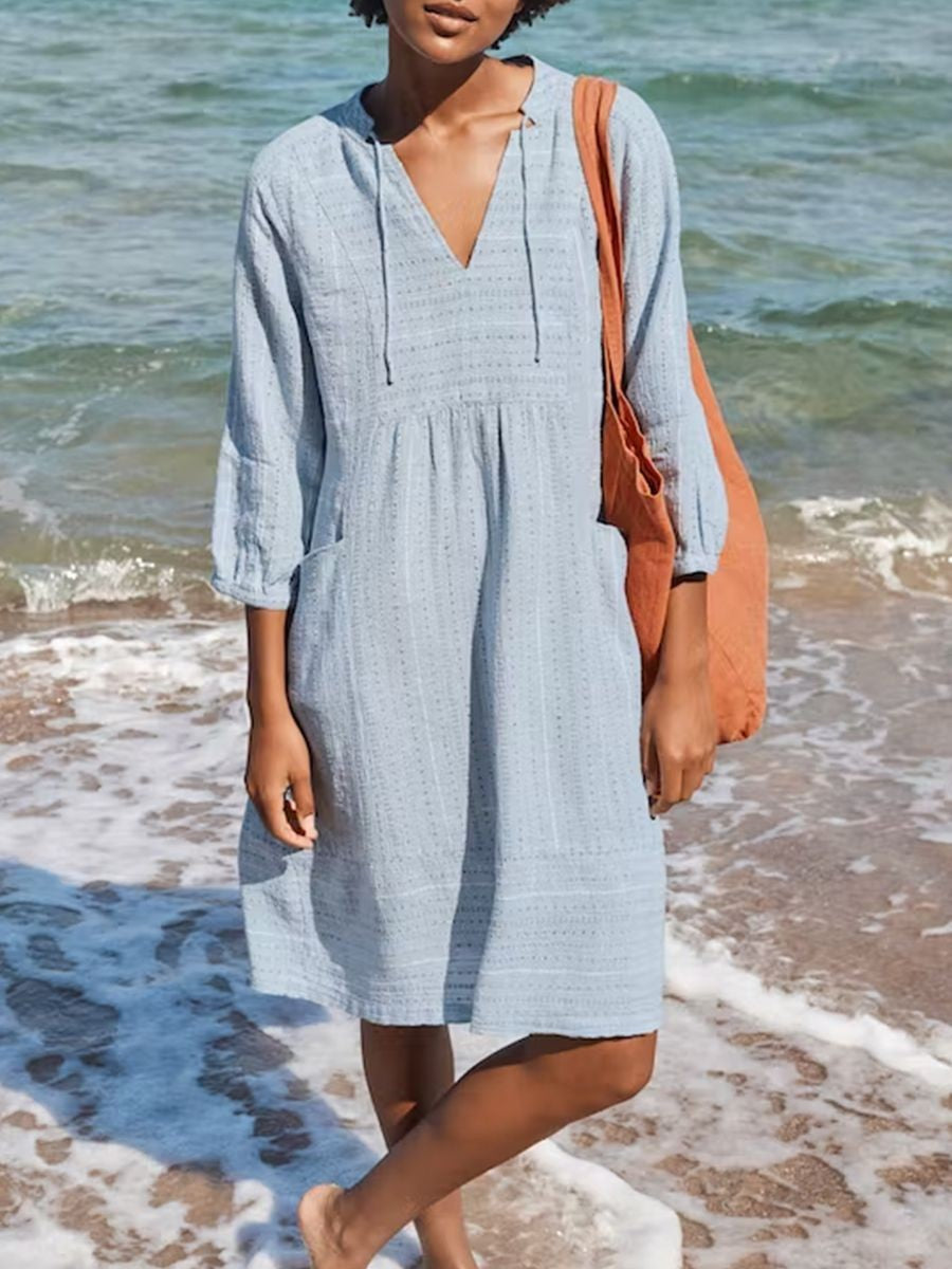 Cotton Linen Jacquard V-neck Loose Pockets Dress