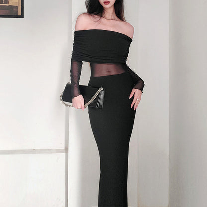 Women's Winter Sexy Off-the-shoulder Pleated Long Sleeve Polyester Dress