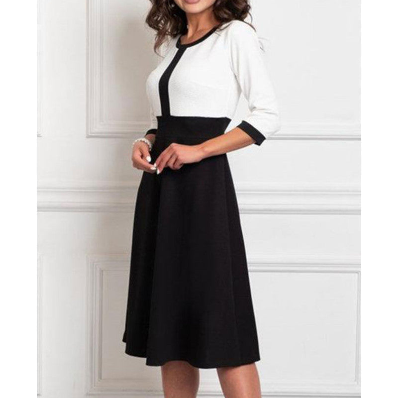 New Waist Slimming Temperament Mid-length Long Sleeve Patchwork Skirt