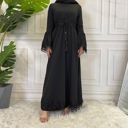 Muslim Fashion Women's Lace Splice Lace Up Dress