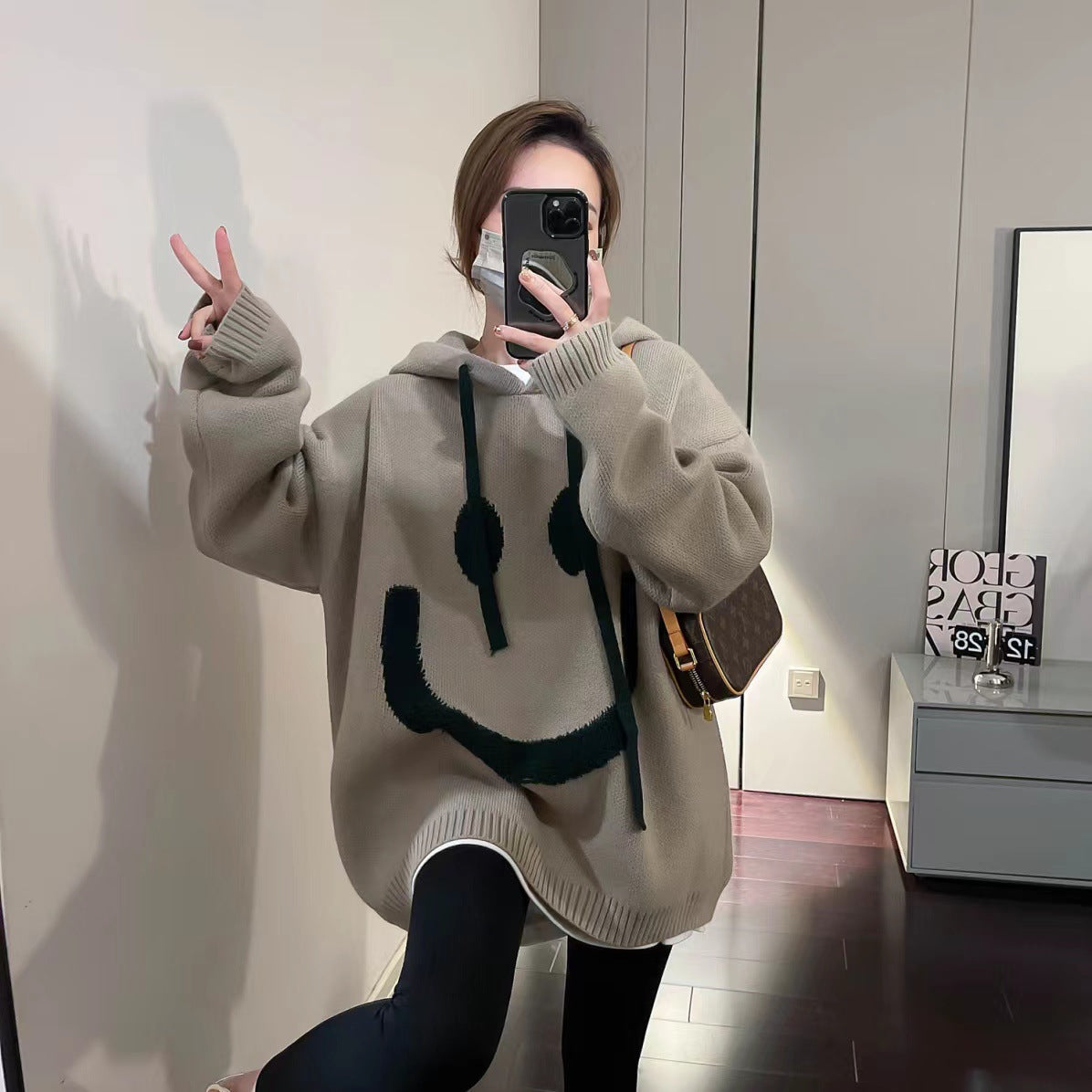 Soft Glutinous Beige Smiley Face Hooded Sweater Women's Autumn And Winter New Lazy