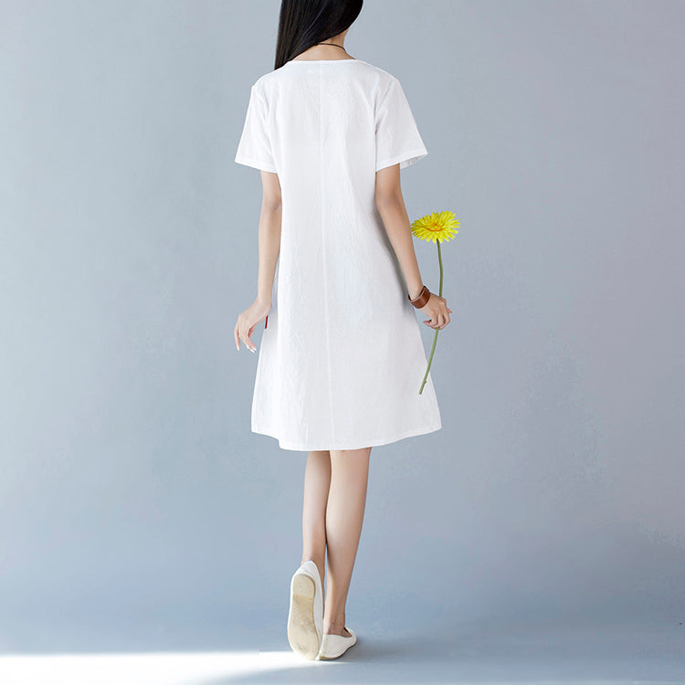 Loose Stitching Cotton And Linen Round Collar Short Sleeve Dress