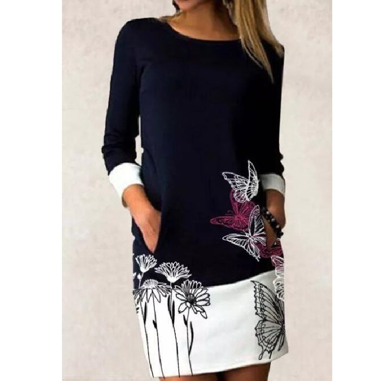 Round Neck Pocket Long Sleeve Stitching Printing Dress