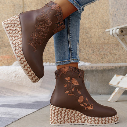 Autumn And Winter Thick Bottom Wedge Embroidered Retro Leisure Boots