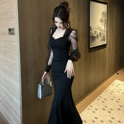 French Style Square Collar Long Dress For Women Hepburn Style Elegant Socialite Mesh Puff Sleeve Fishtail Dress