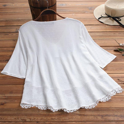 Women's Jacquard Pleated Lace Hollow Out V-neck Shirt