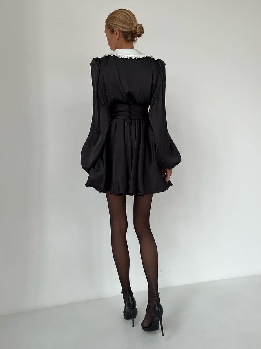 Doll Collar Dress European And American Autumn And Winter Annual Meeting Elegant Lantern Sleeve With Waist Seal Short