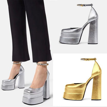 Golden Square Head Hollow Waterproof Platform Buckled Chunky Heel Super High Heel