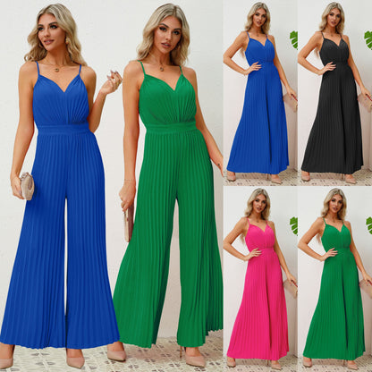 V-neck Suspender Pleated Jumpsuit Women Solid Color Loose Straight Pants