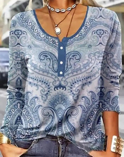 Loose Fashion Vintage Flower Print Long Sleeve Round Neck Top