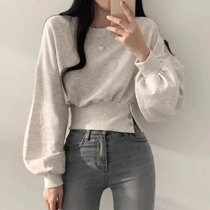 Autumn Crew Neck Button Long Sleeve Short Pullover Sweatshirt Top For Women