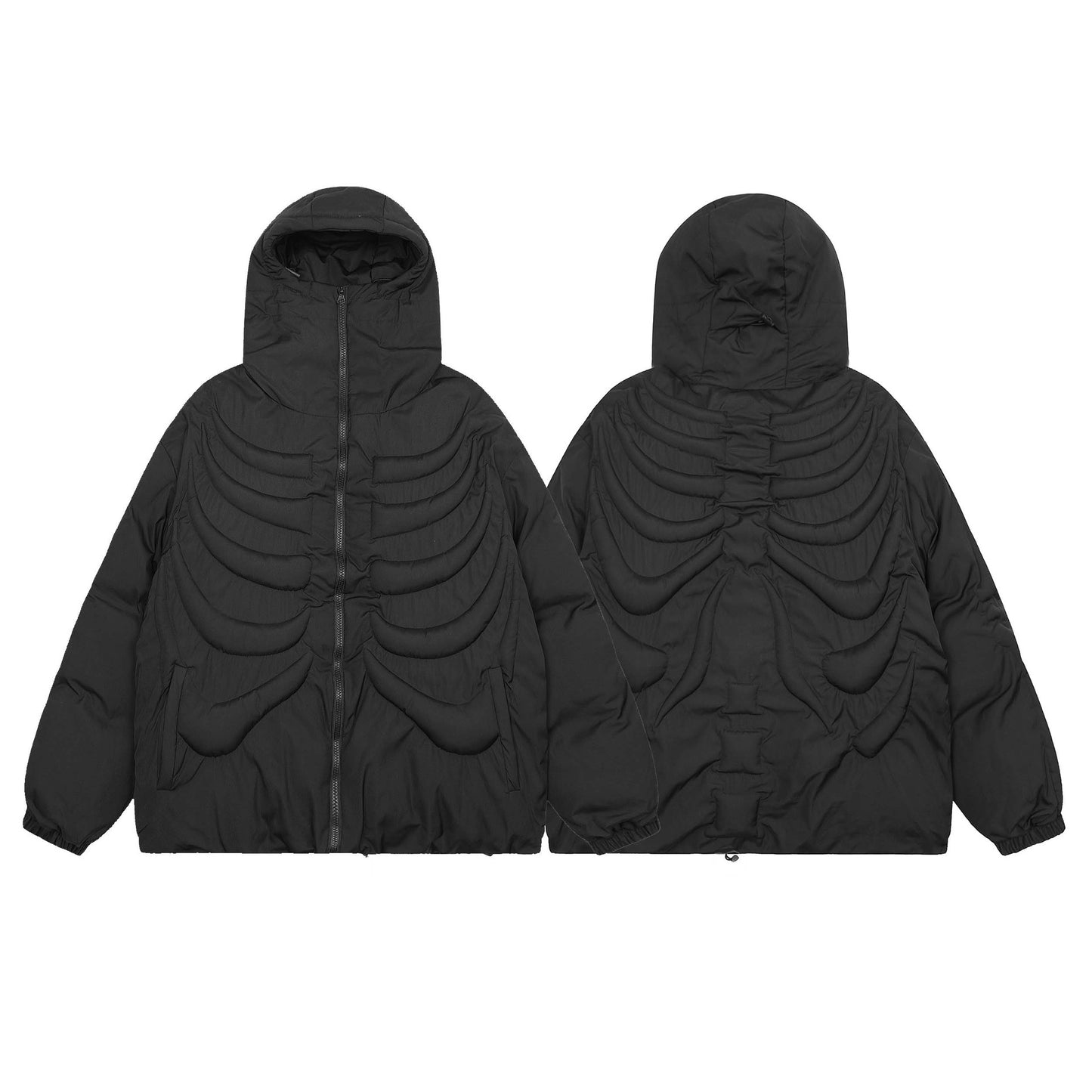 Dark Skull Skeleton Embossed Hooded Cotton-padded Jacket For Men