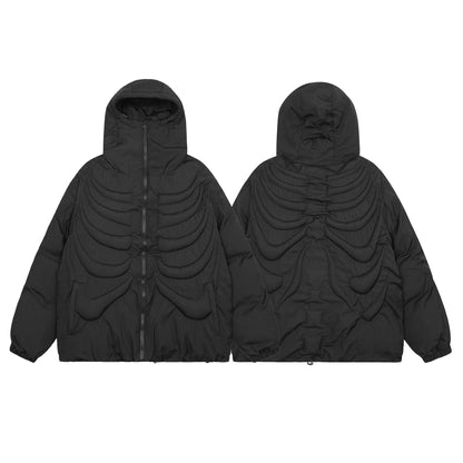 Dark Skull Skeleton Embossed Hooded Cotton-padded Jacket For Men