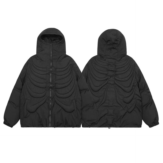 Dark Skull Skeleton Embossed Hooded Cotton-padded Jacket For Men