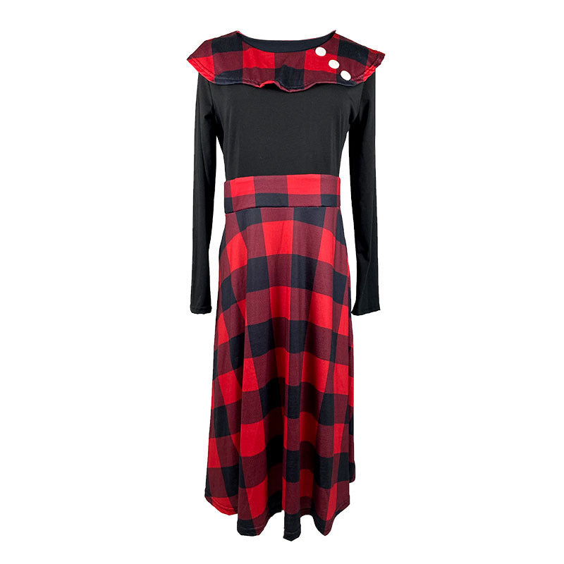 Women's Pile Collar Long-sleeved Plaid Stitching Dress