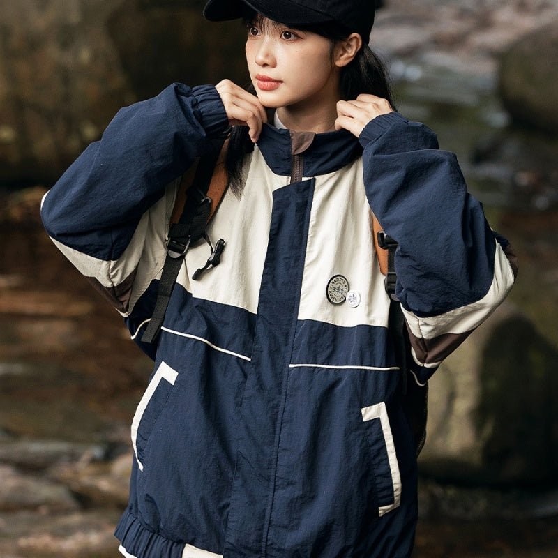 Autumn Leisure Loose Color Contrast Patchwork Windproof Couple Coat