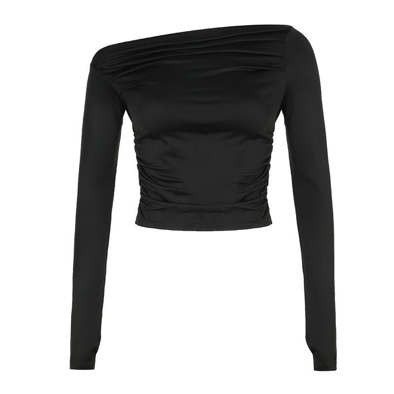 Pleated Design Cold-shoulder Long Sleeve Bottoming Irregular Slim-fit Navel Solid Color Top