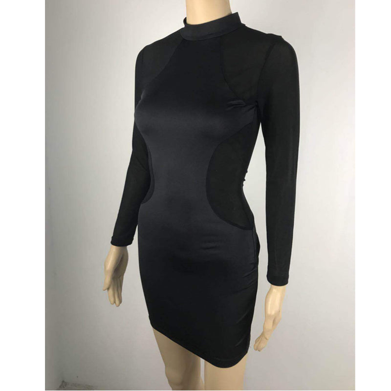 Long Sleeved Round Neck Mesh Stitching Dress