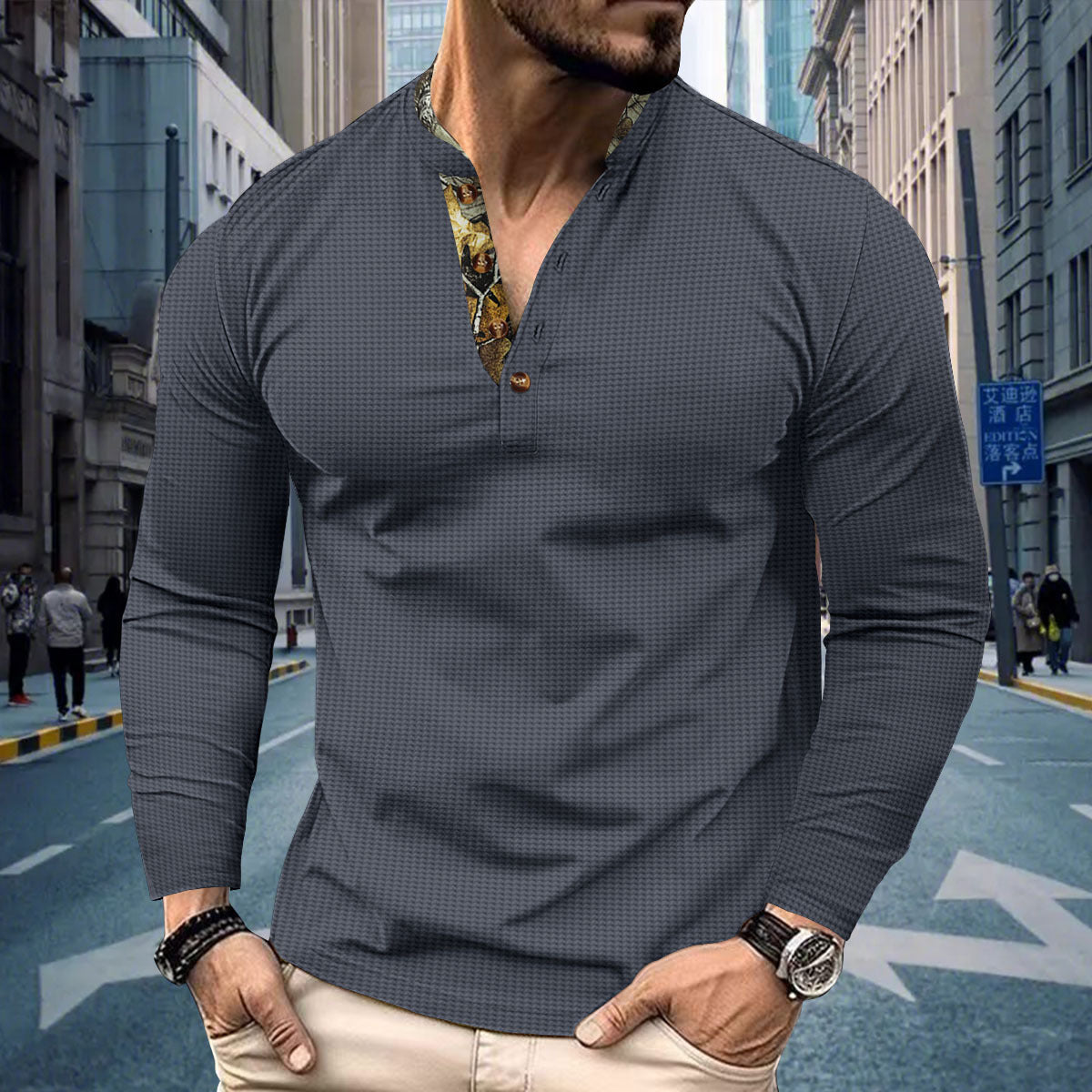 Men's Polo Shirt Double-layer Stand Collar Long Sleeve