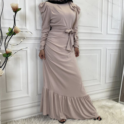 Women's Pleated Long Skirt Irregular Hem Muslim Dress