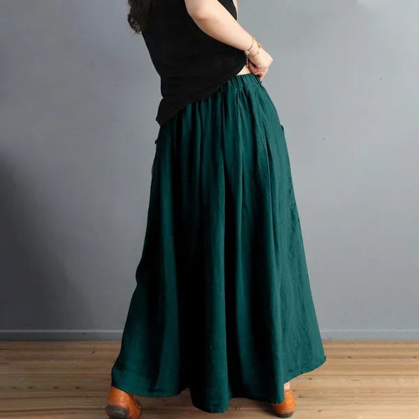 Retro Artistic Style Loose Elastic Waist Color Matching Cotton And Linen Skirt Slimming A- Line Skirt