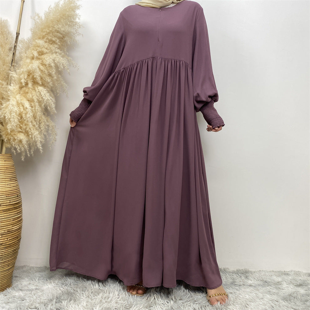 Muslim Simple Solid Color Pleated Elastic Chiffon Dress