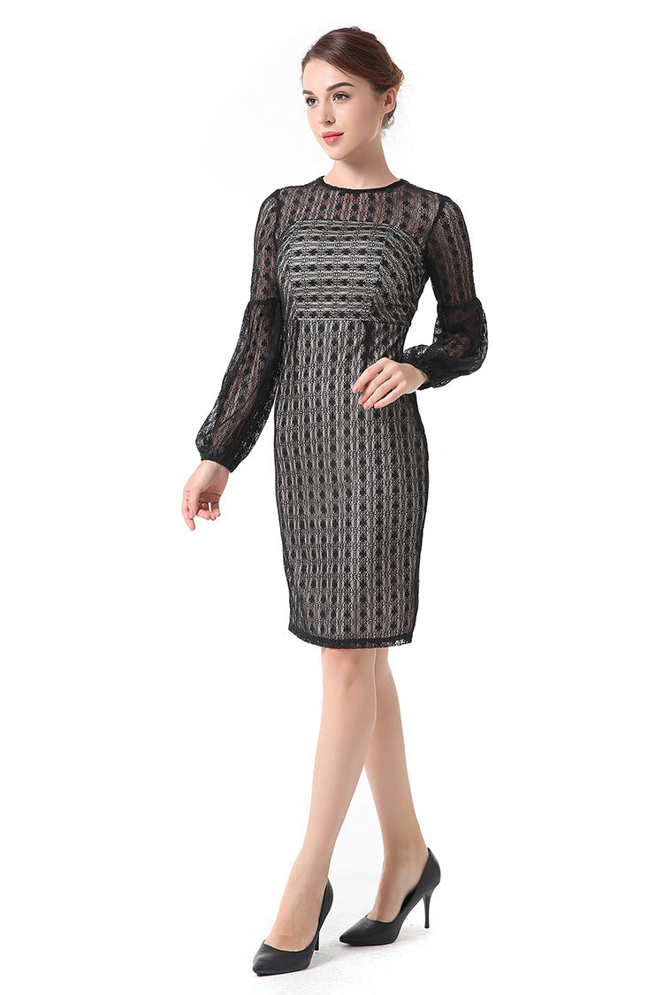 Round Neck Lantern Sleeve Long Sleeve Halter Stitching Lace Dress