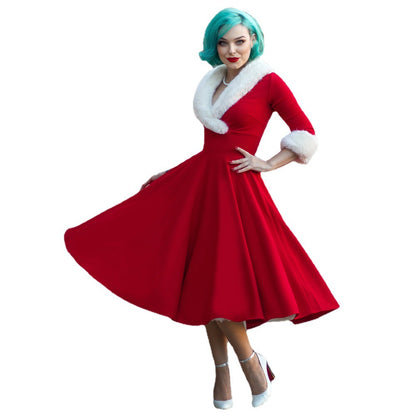 Women's Fashion Long Sleeve Wool Collar Christmas Dress