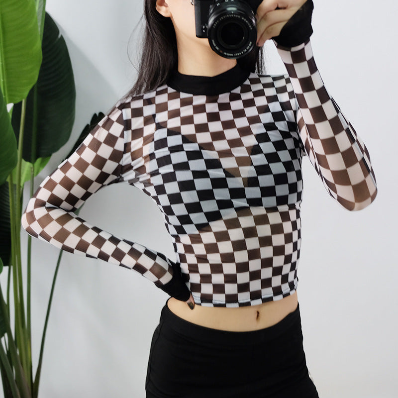 eBay2021 spring and summer explosions women's T-shirts Europe and the United States new trend mesh checkerboard perspective long-sleeved shirt women