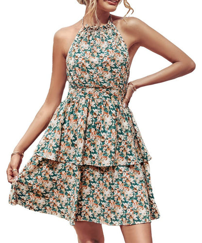 Summer Printed Halter Dress Fashion Backless Ruffled A-Line Beach Dresses For Womens Clothing