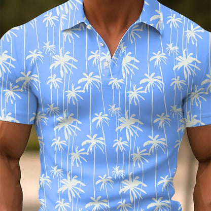 Men's Fashion Personality Coconut Tree Graphic Printing Lapel Short Sleeve