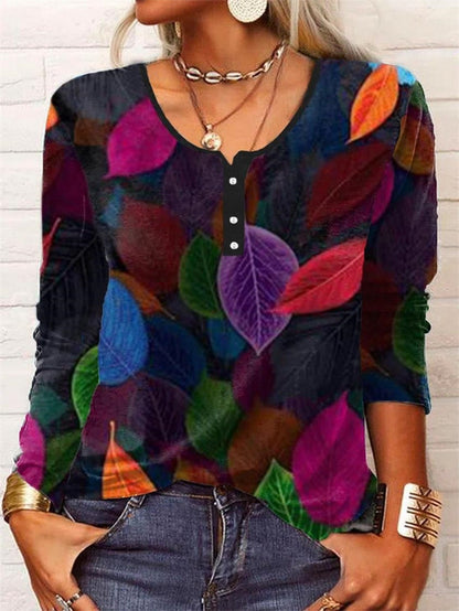 Loose Fashion Vintage Flower Print Long Sleeve Round Neck Top