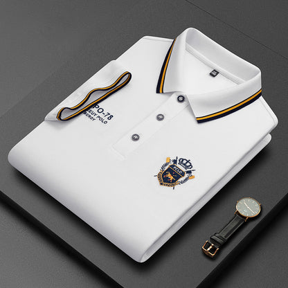 Men's Pure Color Mercerized Cotton Thin Cotton Lapel Embroidery T-shirt