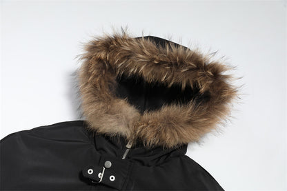 Hooded Men's Winter Fur Collar Loose Cotton-padded Coat Trendy Brand Metal Buckle Top