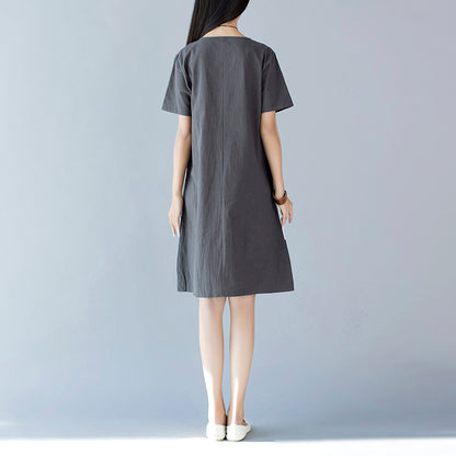 Loose Stitching Cotton And Linen Round Collar Short Sleeve Dress