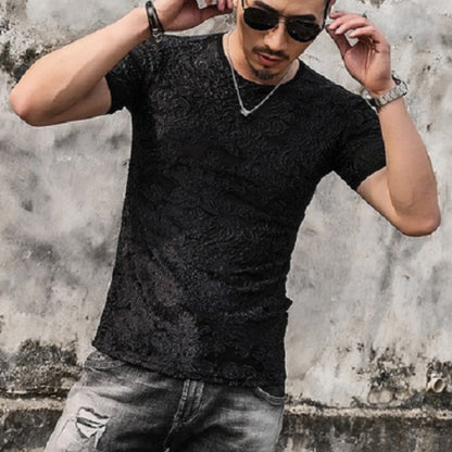 Men's Gold Velvet Ice Silk Cut-out Breathable Short Sleeve Round Neck T-shirt