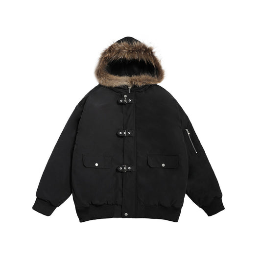 Hooded Men's Winter Fur Collar Loose Cotton-padded Coat Trendy Brand Metal Buckle Top