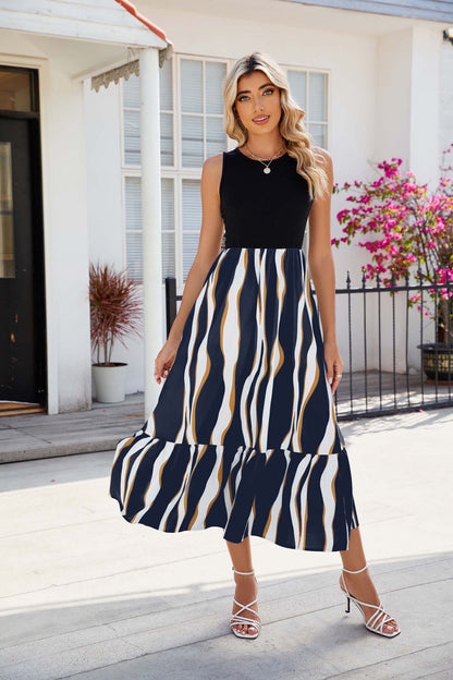 Round Neck Sleeveless Long Dress Summer Fashion Striped Print Dresses Womens Clothing