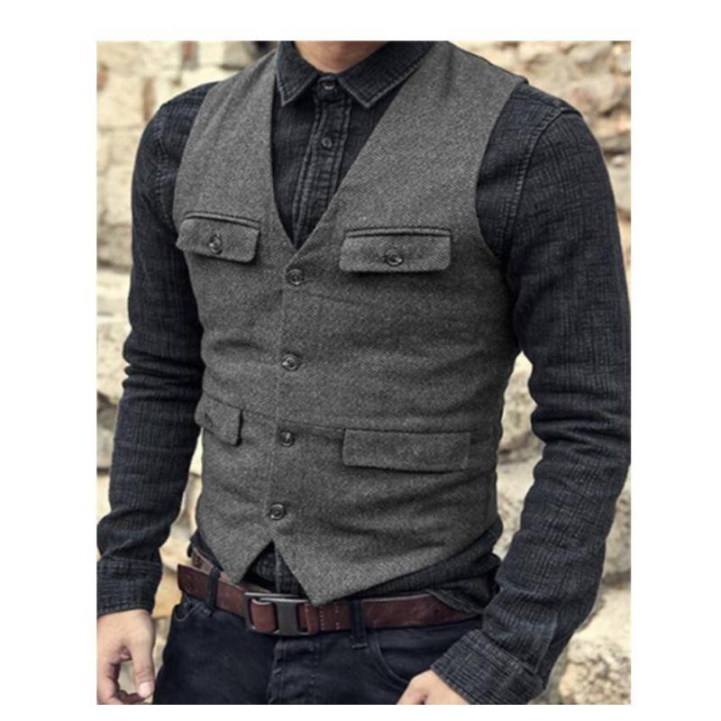 European And American Men's Vest Casual Solid Color Herringbone Vest