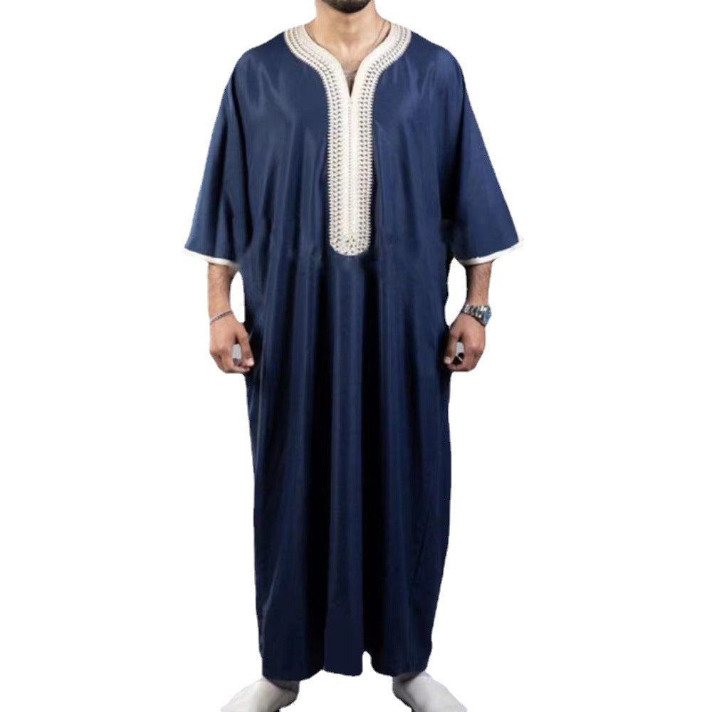 Arabic Robe Mid Short Sleeve Embroidered Navy Blue Men