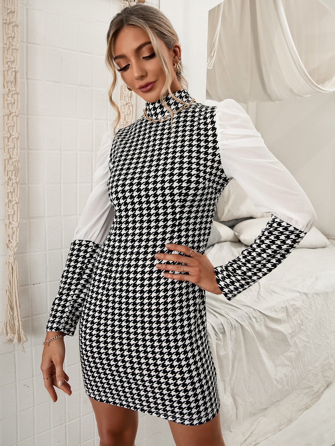 Houndstooth Stitching Long Sleeve Dress