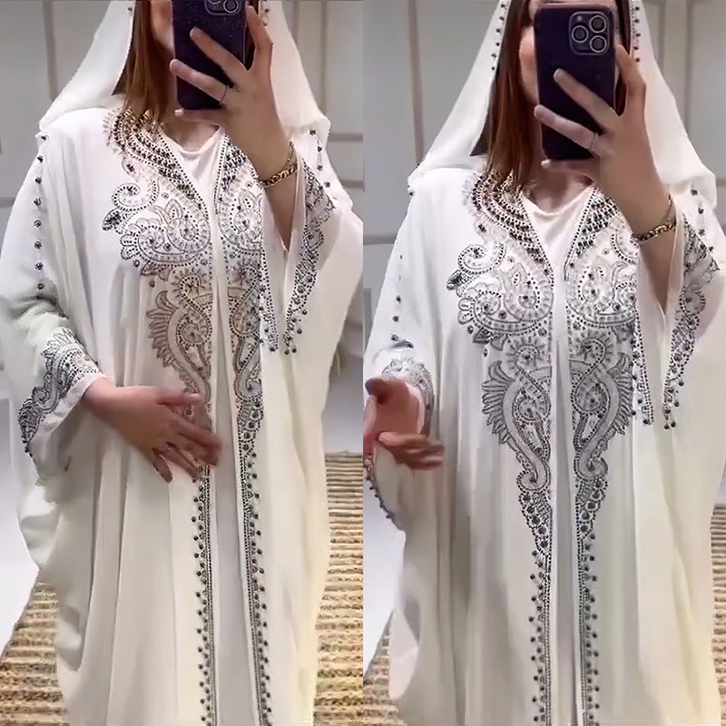 Rhinestone Beaded Muslim Long Gown African Hooded Dress