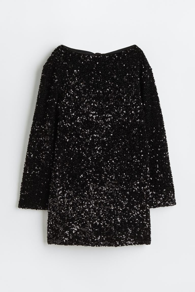 Women's Round Neck Long Sleeve Loose Sequins Short Spandex Dress